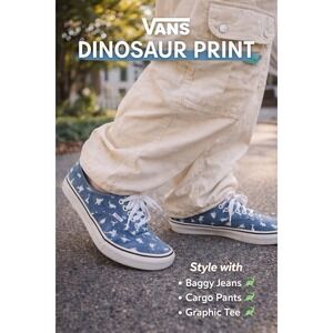 Vans Authentic Dinosaur Print Shoes Mens 10.5 Womens 12 Blue Canvas Dino Shoes
